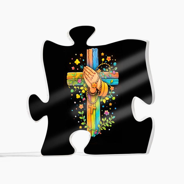 Rainbow Cross Praying Hands | Christian Printed Acrylic Puzzle Plaque | Gift for Kids