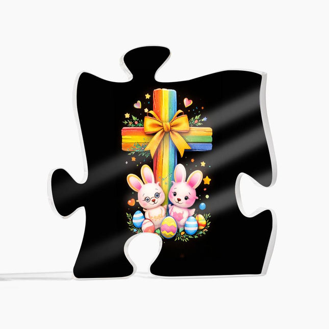 Rainbow Cross Bunnies | Christian Printed Acrylic Puzzle Plaque | Gift for Kids