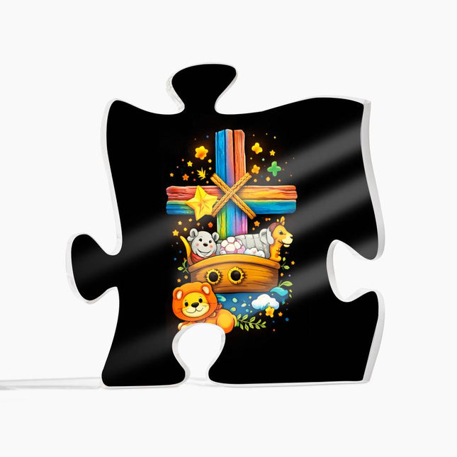 Rainbow Cross Noahs Ark | Christian Printed Acrylic Puzzle Plaque | Gift for Kids