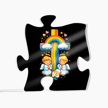 Rainbow Cross Cherub Angels | Christian Printed Acrylic Puzzle Plaque | Gift for Kids