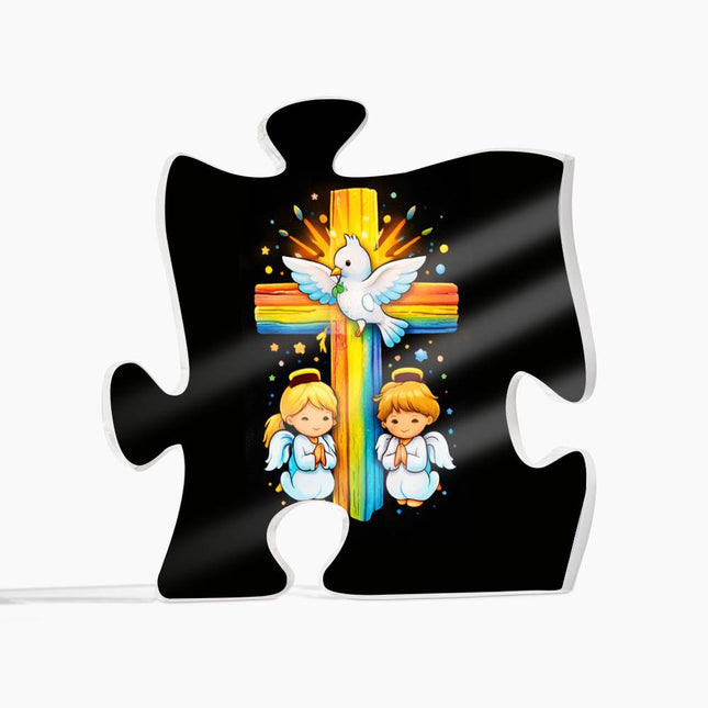 Rainbow Cross Angels And Dove | Christian Printed Acrylic Puzzle Plaque | Gift for Kids