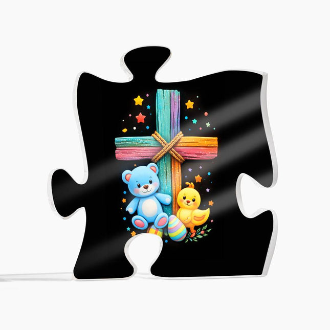 Rainbow Cross Teddy Bear | Christian Printed Acrylic Puzzle Plaque | Gift for Kids