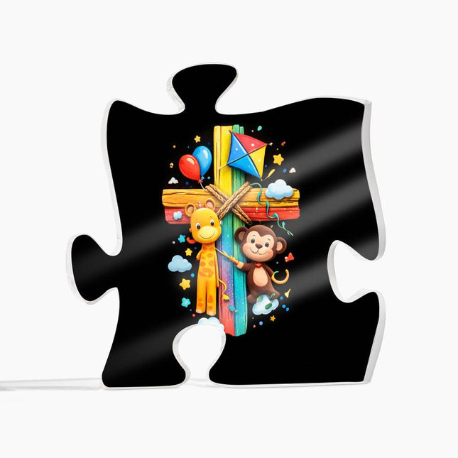 Rainbow Cross Jungle Animals | Christian Printed Acrylic Puzzle Plaque | Gift for Kids