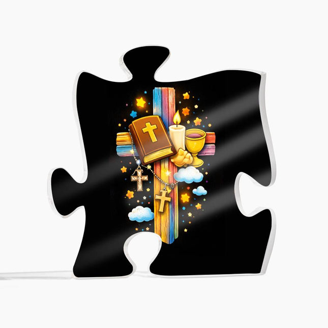 Rainbow Cross Bible And Cross | Christian Printed Acrylic Puzzle Plaque | Gift for Kids