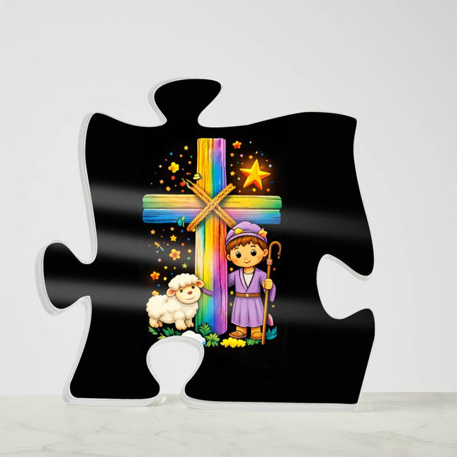 Rainbow Cross Little Shepherd | Christian Printed Acrylic Puzzle Plaque | Gift for Kids