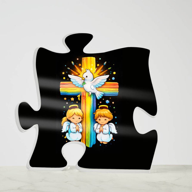 Rainbow Cross Angels And Dove | Christian Printed Acrylic Puzzle Plaque | Gift for Kids