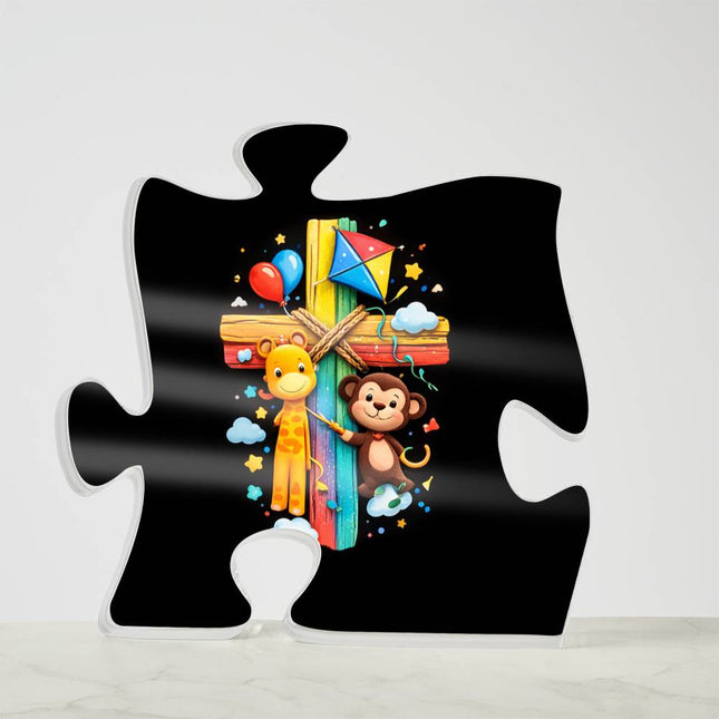 Rainbow Cross Jungle Animals | Christian Printed Acrylic Puzzle Plaque | Gift for Kids