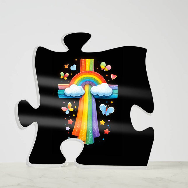 Rainbow Cross Butterfly | Christian Printed Acrylic Puzzle Plaque | Gift for Kids
