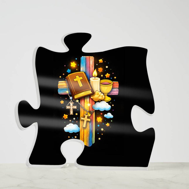Rainbow Cross Bible And Cross | Christian Printed Acrylic Puzzle Plaque | Gift for Kids
