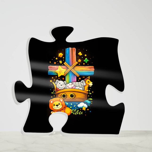 Rainbow Cross Noahs Ark | Christian Printed Acrylic Puzzle Plaque | Gift for Kids