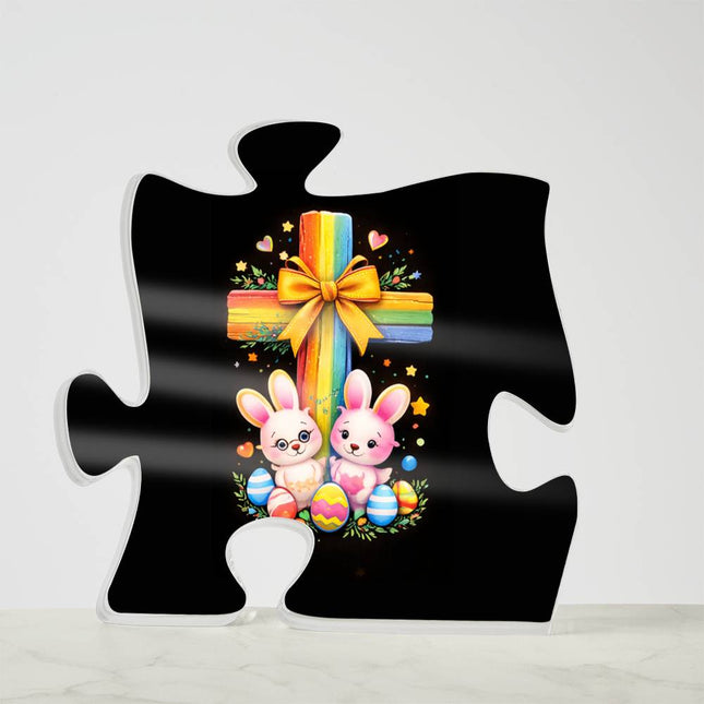 Rainbow Cross Bunnies | Christian Printed Acrylic Puzzle Plaque | Gift for Kids