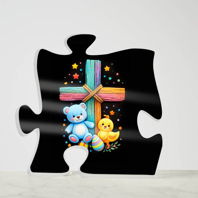 Rainbow Cross Teddy Bear | Christian Printed Acrylic Puzzle Plaque | Gift for Kids