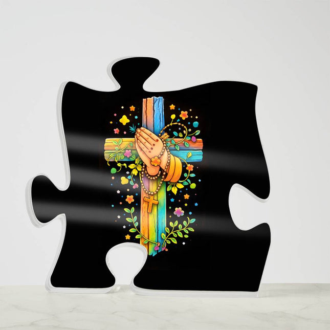 Rainbow Cross Praying Hands | Christian Printed Acrylic Puzzle Plaque | Gift for Kids