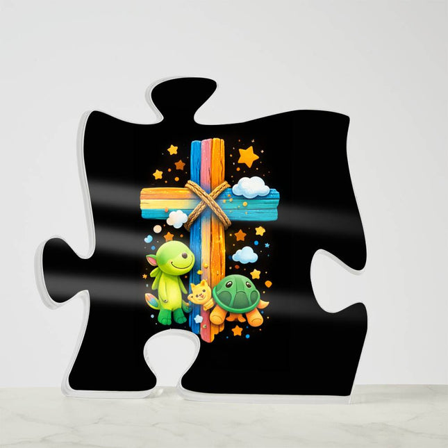 Rainbow Cross Turtle | Christian Printed Acrylic Puzzle Plaque | Gift for Kids