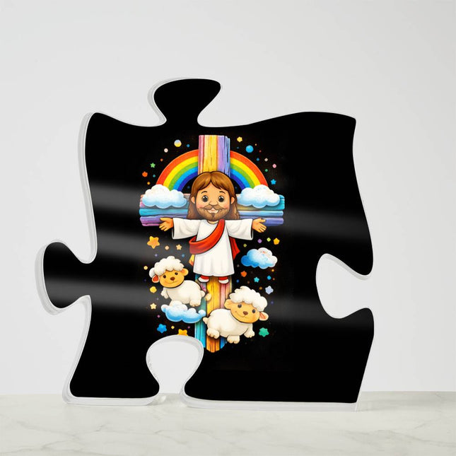 Rainbow Cross Jesus And Lamb | Christian Printed Acrylic Puzzle Plaque | Gift for Kids