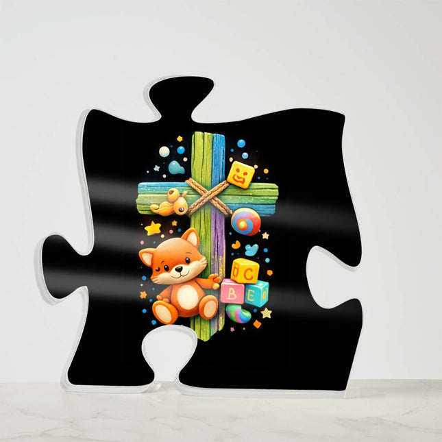 Rainbow Cross Little Fox | Christian Printed Acrylic Puzzle Plaque | Gift for Kids