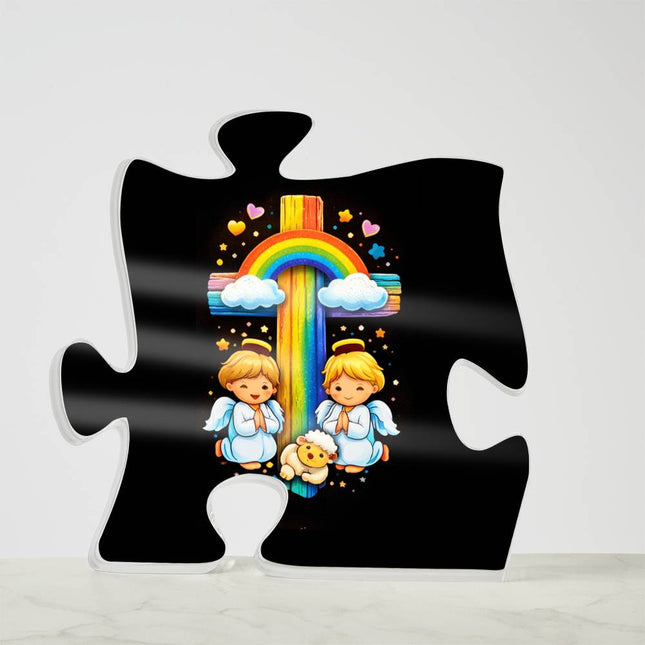Rainbow Cross Cherub Angels | Christian Printed Acrylic Puzzle Plaque | Gift for Kids