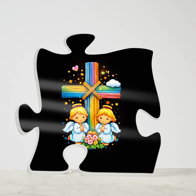 Rainbow Cross Angel Twins | Christian Printed Acrylic Puzzle Plaque | Gift for Kids