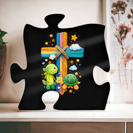 Rainbow Cross Turtle | Christian Printed Acrylic Puzzle Plaque | Gift for Kids