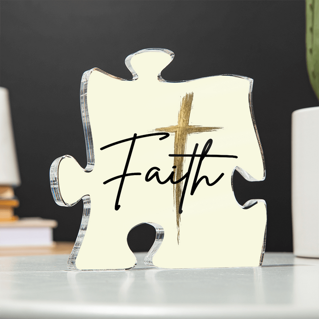 Faith Cross Gold Acrylic Puzzle Plaque | Christian Keepsake Gift