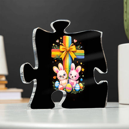 Rainbow Cross Bunnies | Christian Printed Acrylic Puzzle Plaque | Gift for Kids