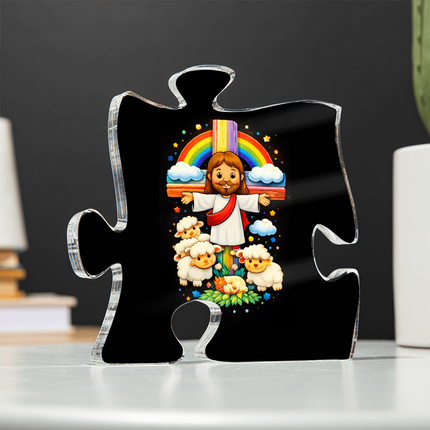 Jesus And Little Lambs | Christian Printed Acrylic Puzzle Plaque | Gift for Kids