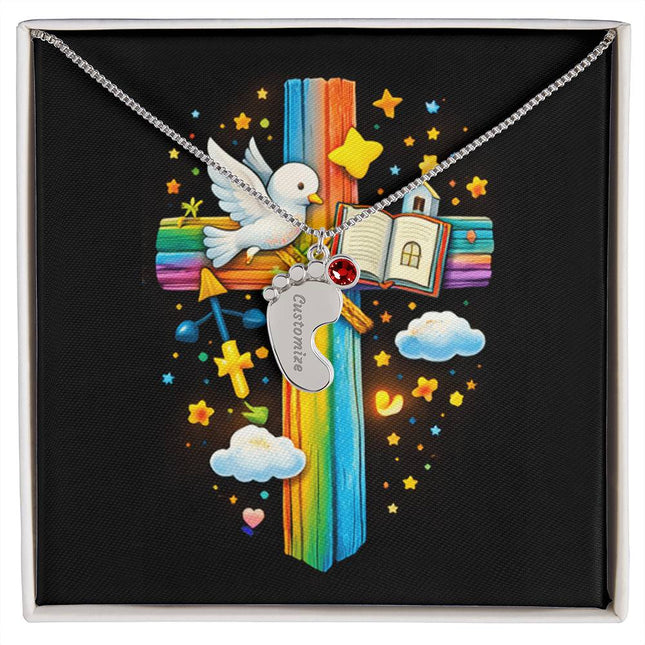 Rainbow Cross Open Bible | Christian Baby Feet Necklace with Birthstone | Gift for Kids