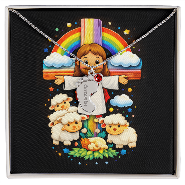 Jesus And Little Lambs | Christian Baby Feet Necklace with Birthstone | Gift for Kids