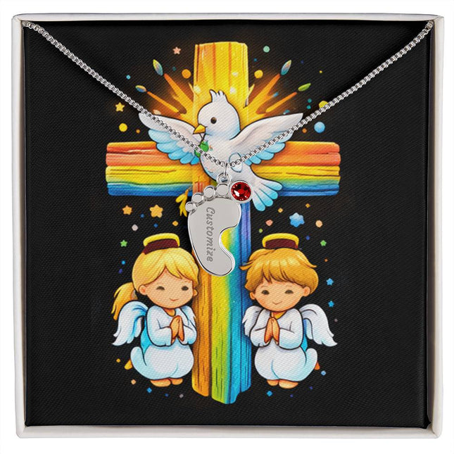 Rainbow Cross Angels And Dove | Christian Baby Feet Necklace with Birthstone | Gift for Kids