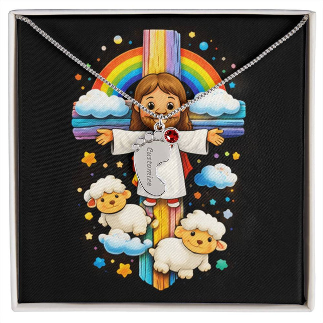 Rainbow Cross Jesus And Lamb | Christian Baby Feet Necklace with Birthstone | Gift for Kids