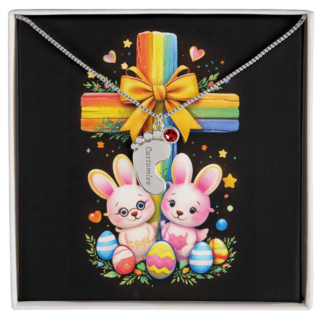 Rainbow Cross Bunnies | Christian Baby Feet Necklace with Birthstone | Gift for Kids
