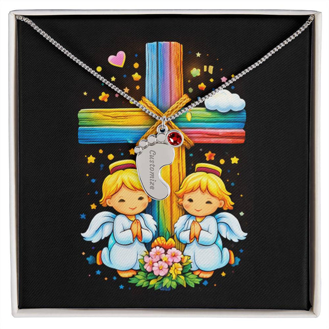 Rainbow Cross Angel Twins | Christian Baby Feet Necklace with Birthstone | Gift for Kids