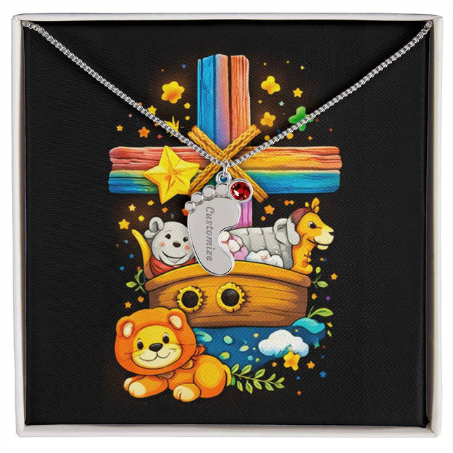 Rainbow Cross Noahs Ark | Christian Baby Feet Necklace with Birthstone | Gift for Kids