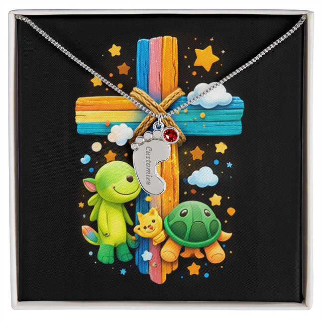 Rainbow Cross Turtle | Christian Baby Feet Necklace with Birthstone | Gift for Kids