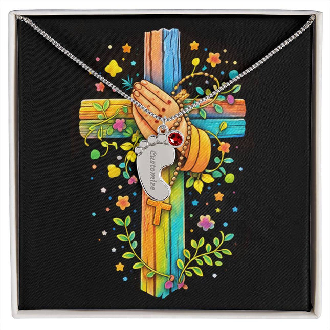 Rainbow Cross Praying Hands | Christian Baby Feet Necklace with Birthstone | Gift for Kids