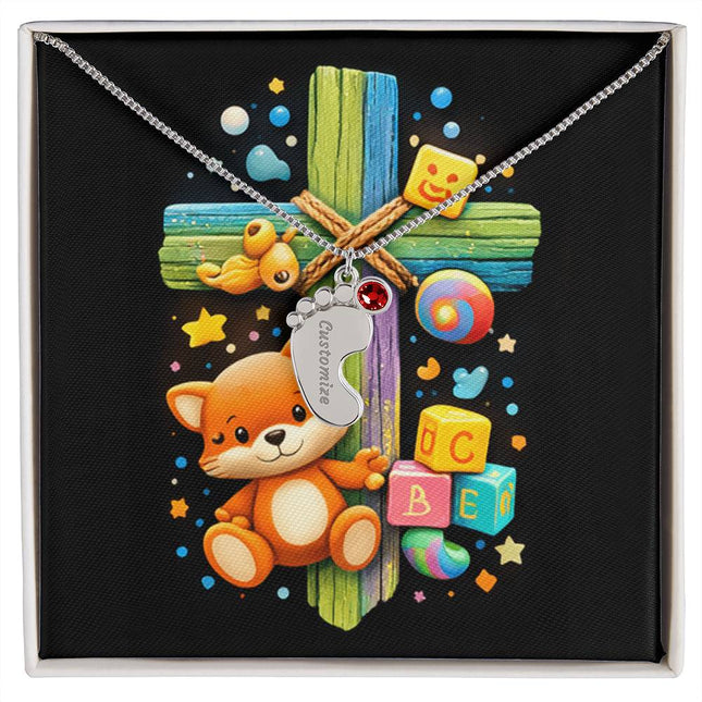 Rainbow Cross Little Fox | Christian Baby Feet Necklace with Birthstone | Gift for Kids