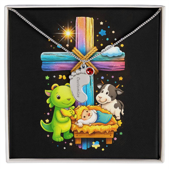 Rainbow Cross Frog And Cow | Christian Baby Feet Necklace with Birthstone | Gift for Kids