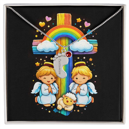 Rainbow Cross Cherub Angels | Christian Baby Feet Necklace with Birthstone | Gift for Kids