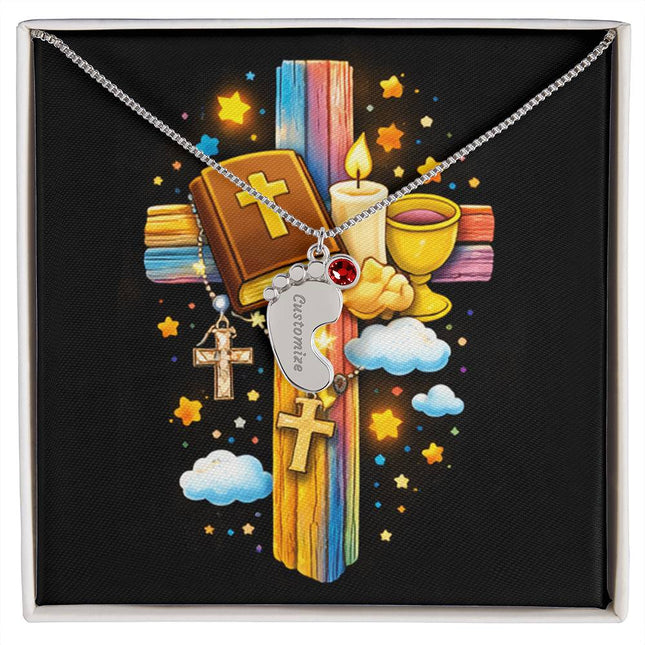 Rainbow Cross Bible And Cross | Christian Baby Feet Necklace with Birthstone | Gift for Kids