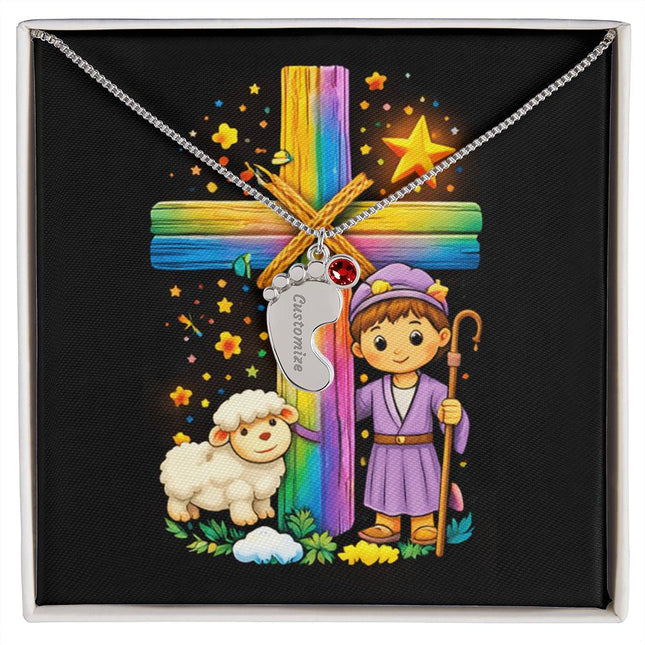 Rainbow Cross Little Shepherd | Christian Baby Feet Necklace with Birthstone | Gift for Kids