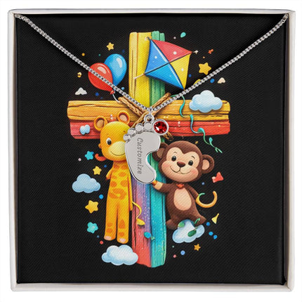 Rainbow Cross Jungle Animals | Christian Baby Feet Necklace with Birthstone | Gift for Kids