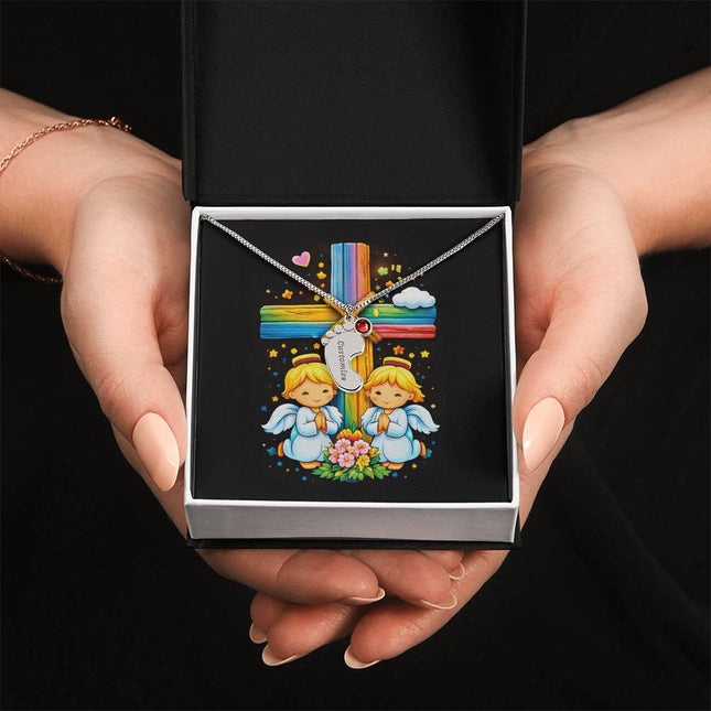 Rainbow Cross Angel Twins | Christian Baby Feet Necklace with Birthstone | Gift for Kids