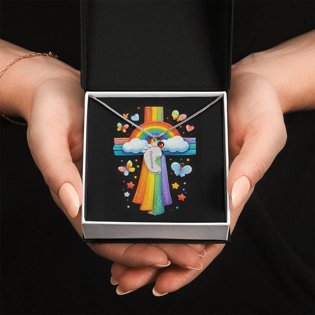Rainbow Cross Butterfly | Christian Baby Feet Necklace with Birthstone | Gift for Kids