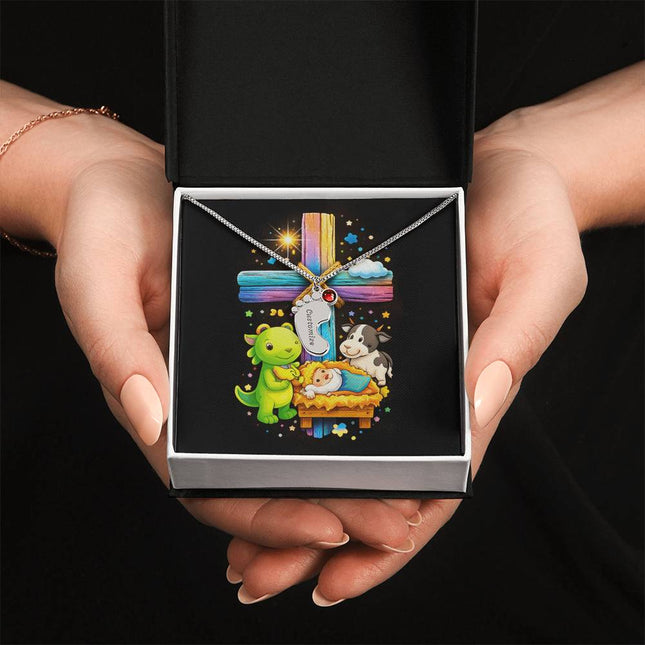 Rainbow Cross Frog And Cow | Christian Baby Feet Necklace with Birthstone | Gift for Kids