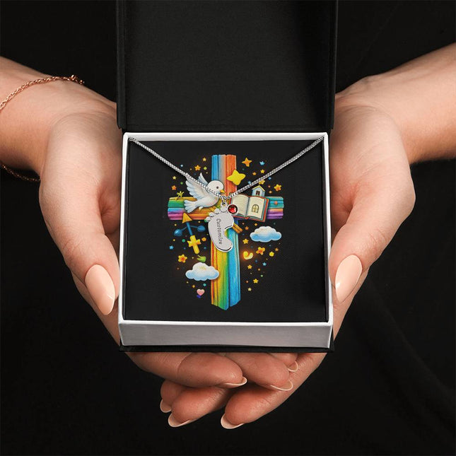 Rainbow Cross Open Bible | Christian Baby Feet Necklace with Birthstone | Gift for Kids