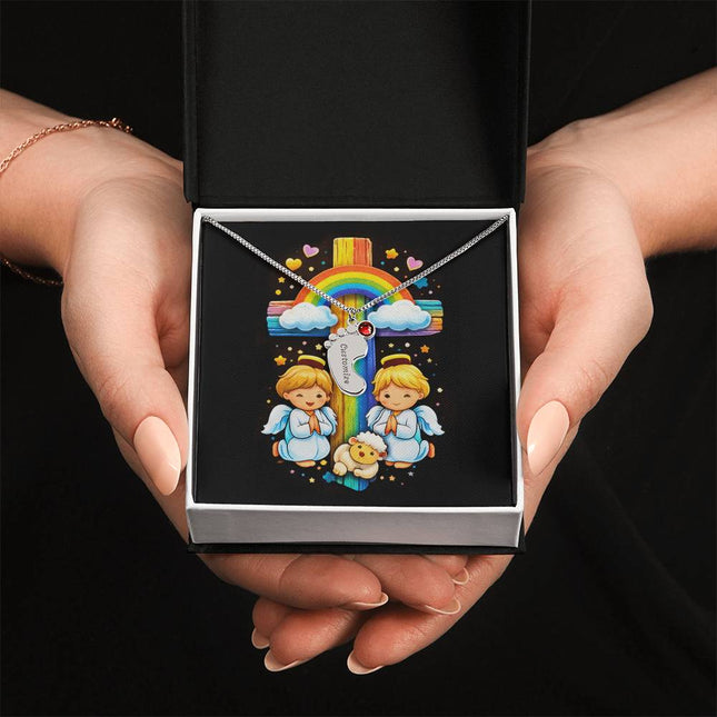 Rainbow Cross Cherub Angels | Christian Baby Feet Necklace with Birthstone | Gift for Kids