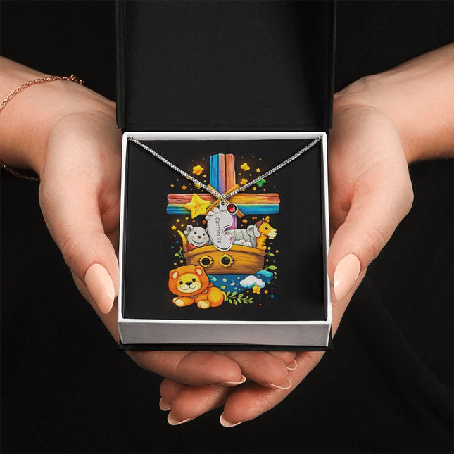 Rainbow Cross Noahs Ark | Christian Baby Feet Necklace with Birthstone | Gift for Kids