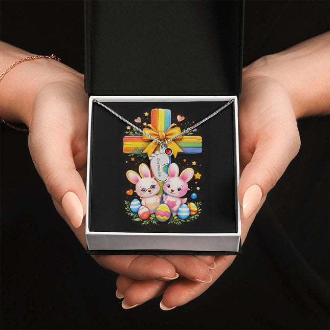 Rainbow Cross Bunnies | Christian Baby Feet Necklace with Birthstone | Gift for Kids
