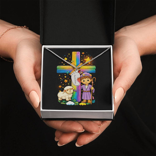 Rainbow Cross Little Shepherd | Christian Baby Feet Necklace with Birthstone | Gift for Kids