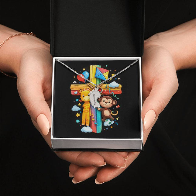 Rainbow Cross Jungle Animals | Christian Baby Feet Necklace with Birthstone | Gift for Kids